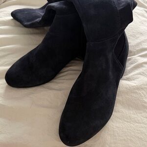 Dune London Navy Suede Heeled Boots comfort stretch for wide thigh. size 38/7.5